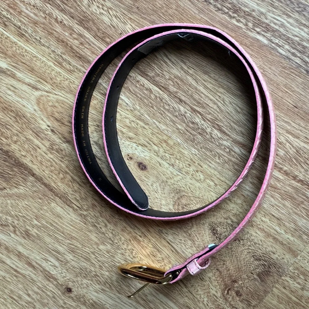 Vtg Pink Genuine Snakeskin Skinny Belt Gold Buckle Large Exotic Reptile Leather